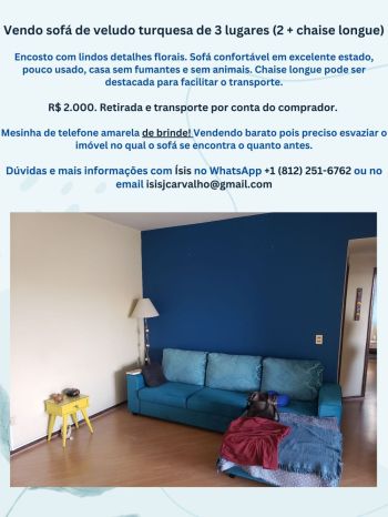 Vendo sof de veludo azul turquesa com chaise longue. Para a sua casa